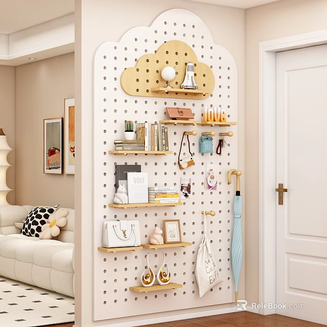 Cloud Shaped White Pegboard Wall Decor with Shelves Hooks Books Bag and Umbrella 3d model 