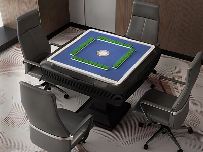 Modern Entertainment Table With Green Mahjong Tiles On Blue Surface And Four Gray Chairs 3d model
