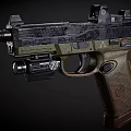 Tactical Pistol With Black Body Green Grip And Tactical Sight Suppressor Design