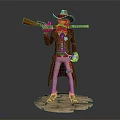 Western Cowboy Character 3D Model With Hat Beard Rifle Pistol Long Coat And Wooden Base