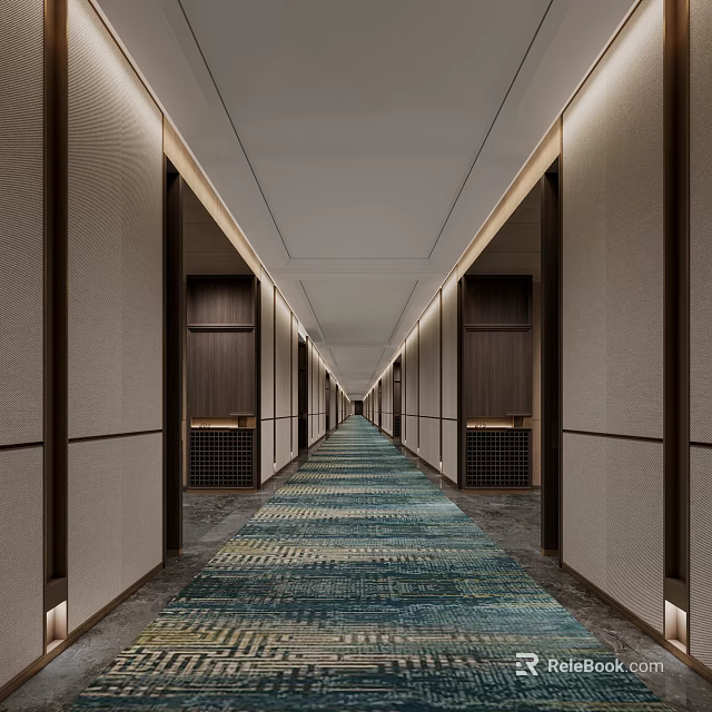 Long Hotel Corridor With Teal Patterned Carpet Wooden Cabinets And Recessed Ceiling Lighting 3d model 