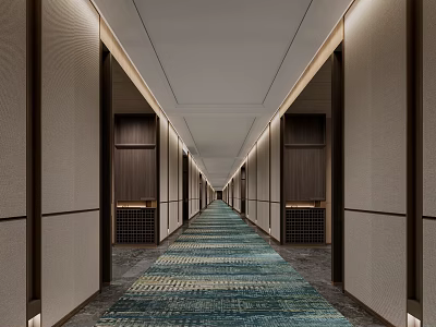 Long Hotel Corridor With Teal Patterned Carpet Wooden Cabinets And Recessed Ceiling Lighting 3d model