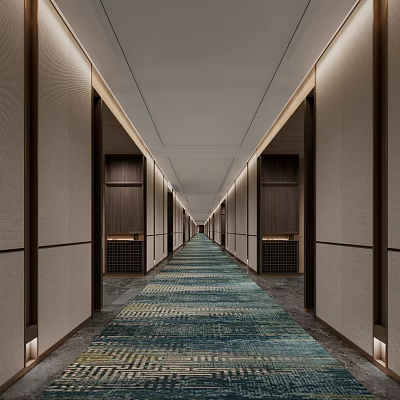 Long Hotel Corridor With Teal Patterned Carpet Wooden Cabinets And Recessed Ceiling Lighting 3d model