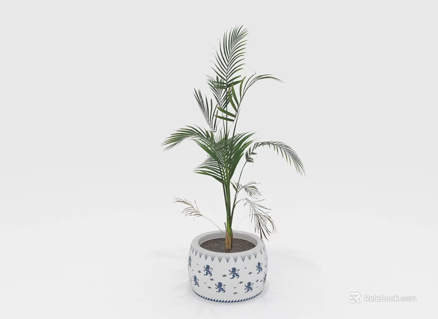 Elegant Indoor Palm Plant in Blue and White Decorative Pot 3d model 