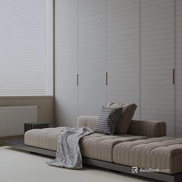 Gray Three-Seater Sofa With Checkered Pillow And Blanket In White Blinds And Gray Wardrobes 3d model 