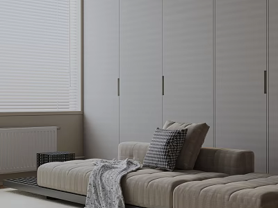 Gray Three-Seater Sofa With Checkered Pillow And Blanket In White Blinds And Gray Wardrobes 3d model