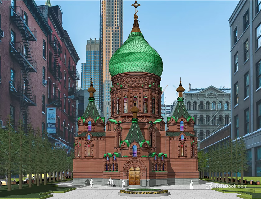 Historic Church Building With Green Dome Red Brick And Traditional Architecture In Urban Setting 3d model 
