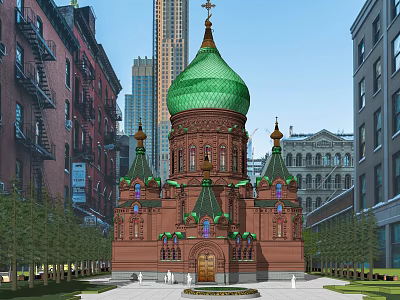 Historic Church Building With Green Dome Red Brick And Traditional Architecture In Urban Setting 3d model