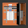 Orange Electrical Distribution Box With Open Door Showing Internal Circuit Breakers And Wiring
