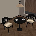 Cozy Dining Nook With Round Table Two Chairs Hanging Lamp And Wooden Blinds