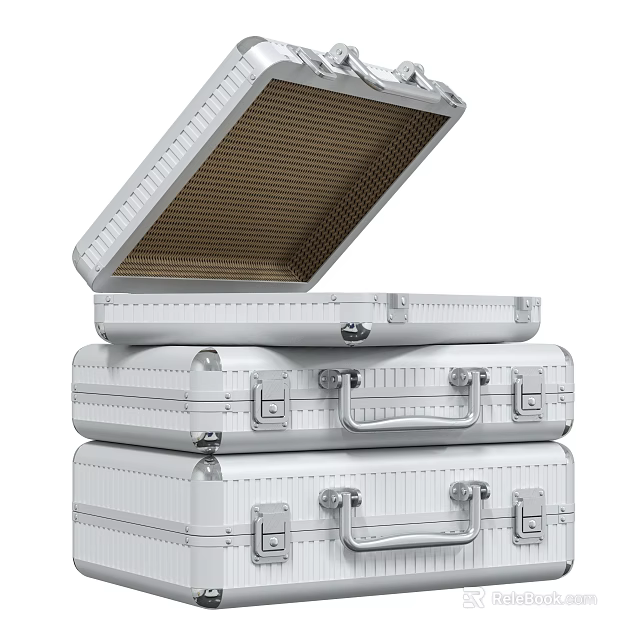 Stacked White Metallic Suitcases With Open Top And Honeycomb Interior Design 3d model 