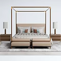 Modern Elegant Double Bed With Golden Four Poster Frame Upholstered Headboard Bedside Tables And Footstool