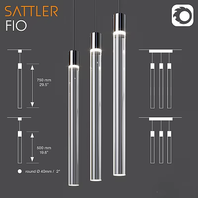 Sleek Modern Tubular Pendant Light Design Featuring 750mm 500mm Length And 50mm Round Diameter 3d model