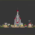 Toy Brick Castle And Various Surrounding Miniature Buildings With Colorful Designs