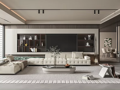 Modern Living and Dining Area Interior with Sofa TV Wall Bookshelves Coffee Table and Rug 3d model