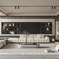 Modern Living and Dining Area Interior with Sofa TV Wall Bookshelves Coffee Table and Rug