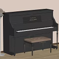 Black Upright Piano Interior With Wooden Bench And Floor Lamp
