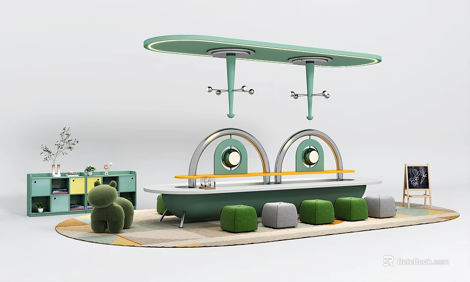 Modern Green Curved Table and Chair Set with Gray Green Stools for Indoor Leisure Area 3d model 