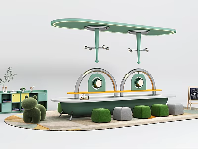 Modern Green Curved Table and Chair Set with Gray Green Stools for Indoor Leisure Area 3d model