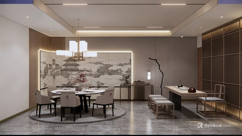 Chinese Style Private Dining Room With Round Table And Landscape Art 3d model
