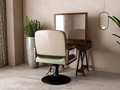 Elegant Room Interior With Dressing Table Mirror Green Beige Chair Plant And Pendant Light 3d model