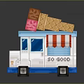 Blue And White Ice Cream Truck With Red White Striped Awning And Waffles On Top