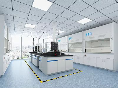 Modern Laboratory Interior With White Lab Benches Blue Accents Fume Hoods And Yellow Warning Stripes 3d model