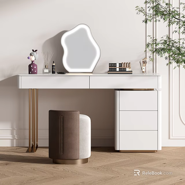 Elegant White Dressing Table Interior With Gold Legs Unique Mirror And Brown Stool 3d model
