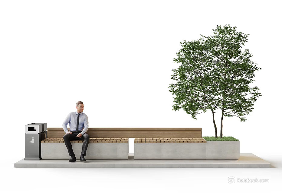 Outdoor Wooden Bench With Person Sitting On Concrete Ground Near Tree And Trash Can 3d model 