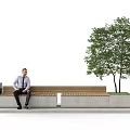 Outdoor Wooden Bench With Person Sitting On Concrete Ground Near Tree And Trash Can