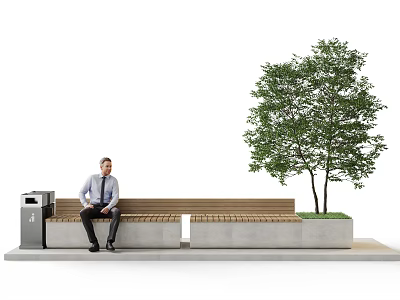 Outdoor Wooden Bench With Person Sitting On Concrete Ground Near Tree And Trash Can 3d model