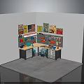 Retail Display Corner With L-shaped Counter Wall Posters And Shelf Items