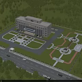 Modern Office Building with Landscaped Courtyard Surrounded by Green Trees and Road Access