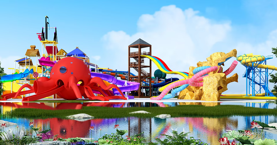 Vibrant Water Playground Featuring Colorful Slides Octopus Structure Rainbow Slide Water Pool And Green Plants 3d model 