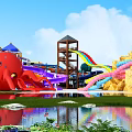Vibrant Water Playground Featuring Colorful Slides Octopus Structure Rainbow Slide Water Pool And Green Plants 3d model