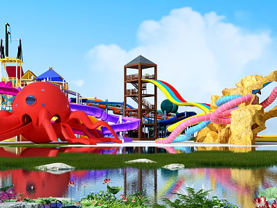 Vibrant Water Playground Featuring Colorful Slides Octopus Structure Rainbow Slide Water Pool And Green Plants 3d model