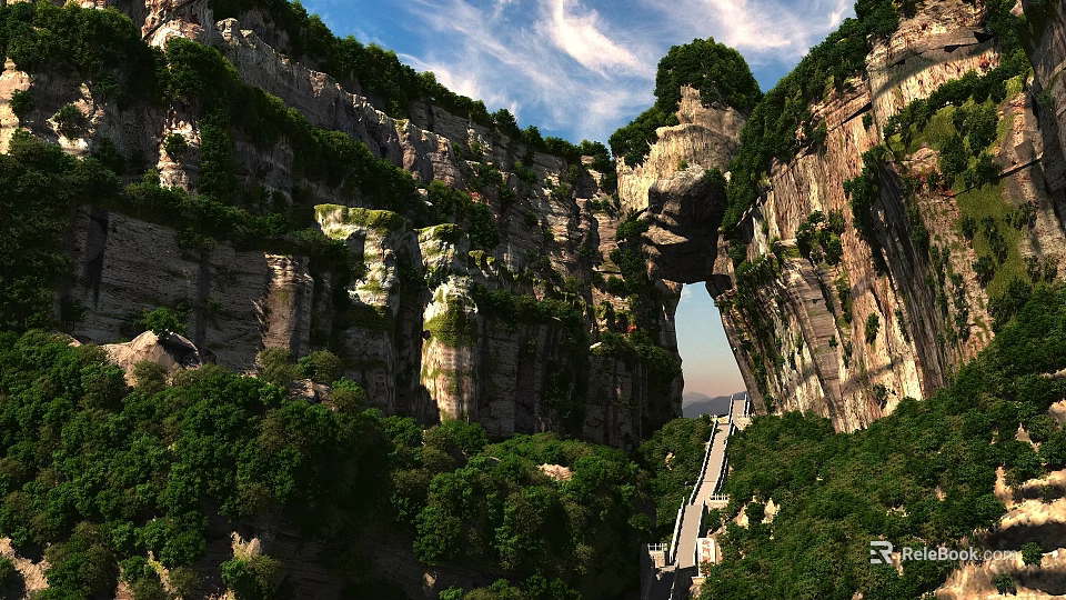 Stunning Natural Tianmen Mountain Landscape With Giant Rock Arch And Long Stone Stairway Under Blue Sky 3d model 
