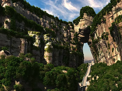 Stunning Natural Tianmen Mountain Landscape With Giant Rock Arch And Long Stone Stairway Under Blue Sky 3d model