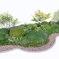 Lush Green Shrubs In Garden Landscape With Mixed Plants And Curved Pebble Edges