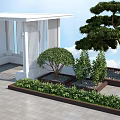 Outdoor Pavilion Space With Paved Floor White Chairs Green Trees And Blue Sky