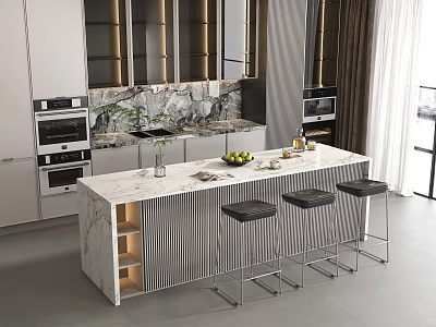 Modern Kitchen Bar Area With Marble Counter And Stools 3d model