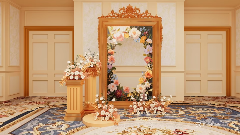 Elegant Photo Spot With Ornate Gold Frame Mirror Fresh Flowers And Decorative Pedestals 3d model 