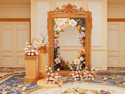 Elegant Photo Spot With Ornate Gold Frame Mirror Fresh Flowers And Decorative Pedestals 3d model