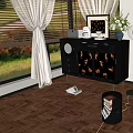 Black Chest of Drawers with Golden Animal Patterns Coffee Machine White Vase on Top