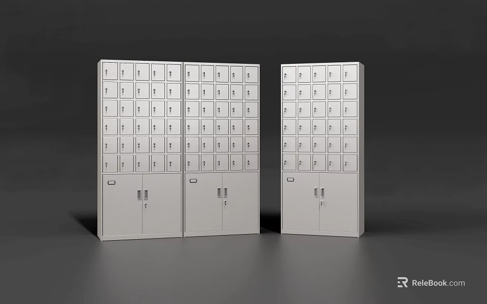 White Metal Lockable Bookcase With Multiple Small Compartments On Grey Background Design 3d model 