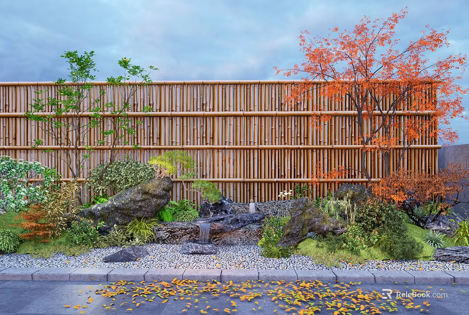 Traditional Karesansui Garden With Bamboo Fence Rocks Red Green Trees And Fallen Leaves 3d model 