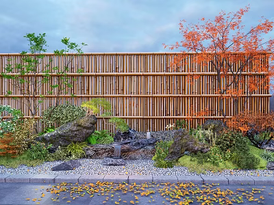 Traditional Karesansui Garden With Bamboo Fence Rocks Red Green Trees And Fallen Leaves 3d model