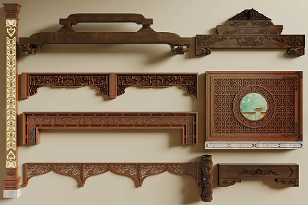 New Chinese-style Carved Cross-beam Wood Beam Ancient Building Component Carved Lintel Post 3d model