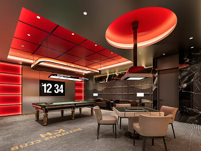 Modern Billiard Room With Red Ceiling Circular Pendant Light Digital Screen And Luxurious Seating Area 3d model