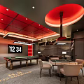 Modern Billiard Room With Red Ceiling Circular Pendant Light Digital Screen And Luxurious Seating Area 3d model